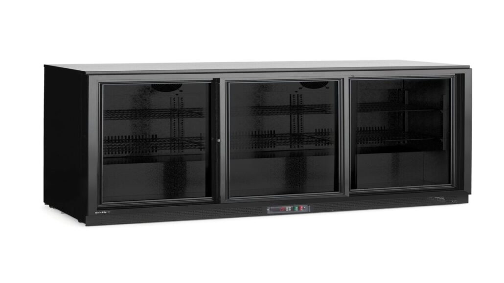 Frigider back bar cu usi glisante triple, Arktic, 308L, negru, 220-240V/160W, 1350x520x(H)865mm